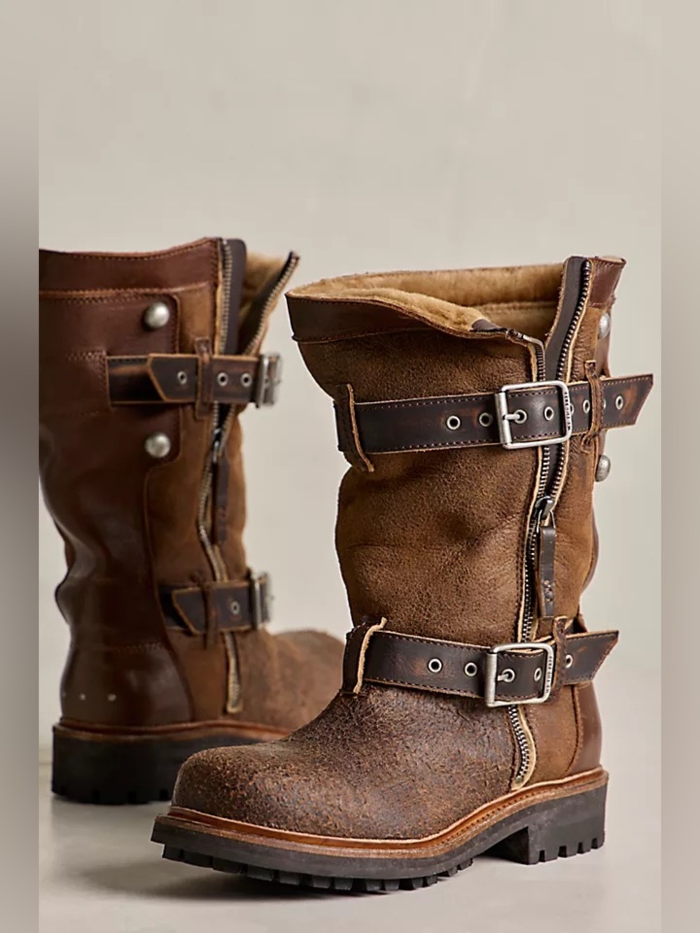 Free People We The Free Charlie Shearling Boots Brown Leather Buckle Size 9